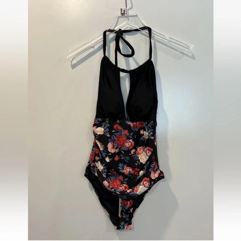 NWT Cupshe Black Floral Halter Tummy Control One Piece Swimsuit Womens‎ M (1103) - Picture 4 of 8
